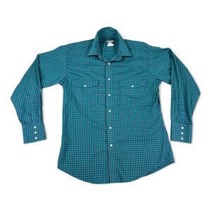 Vintage Wrangler Western Shirt Adult LARGE Green Blue Black Watch Plaid Snap 90s